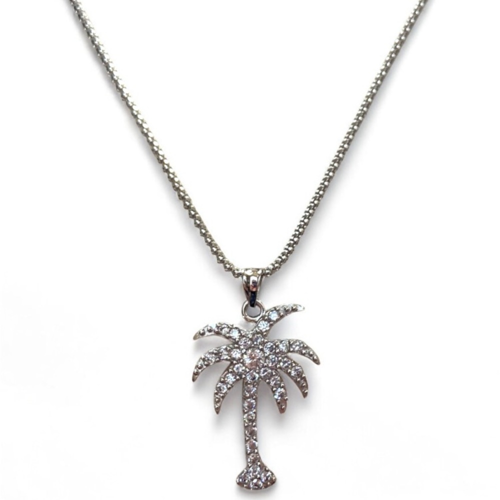 Sterling Silver Palm Tree Necklace 925 Italy RCI Beach‎ Rhinestone Pendant 11"
